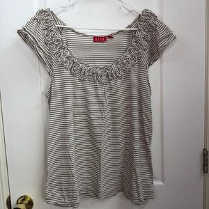 Elle brown ruffle cap sleeve striped scoop neck cotton‎ loose relaxed shirt XL